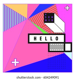 Trendy vector summer cards illustration with line elements and abstract colorful textures. Design for poster, card, invitation, brochure, and promotion template. Fashion art print and background.