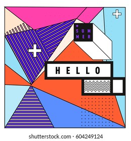 Trendy vector summer cards illustration with line elements and abstract colorful textures. Design for poster, card, invitation, brochure, and promotion template. Fashion art print and background.