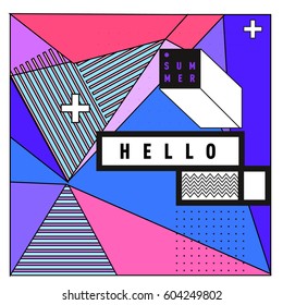 Trendy vector summer cards illustration with line elements and abstract colorful textures. Design for poster, card, invitation, brochure, and promotion template. Fashion art print and background.