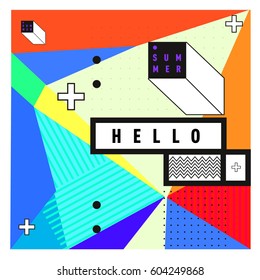Trendy vector summer cards illustration with line elements and abstract colorful textures. Design for poster, card, invitation, brochure, and promotion template. Fashion art print and background.