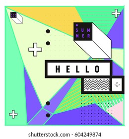 Trendy vector summer cards illustration with line elements and abstract colorful textures. Design for poster, card, invitation, brochure, and promotion template. Fashion art print and background.
