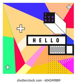 Trendy vector summer cards illustration with line elements and abstract colorful textures. Design for poster, card, invitation, brochure, and promotion template. Fashion art print and background.