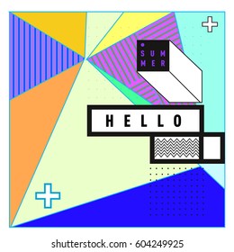 Trendy vector summer cards illustration with line elements and abstract colorful textures. Design for poster, card, invitation, brochure, and promotion template. Fashion art print and background.