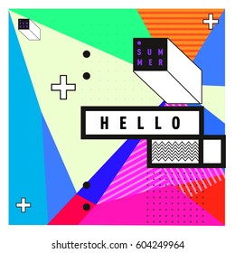 Trendy vector summer cards illustration with line elements and abstract colorful textures. Design for poster, card, invitation, brochure, and promotion template. Fashion art print and background.