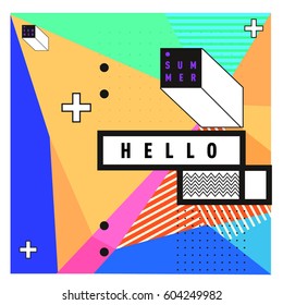 Trendy vector summer cards illustration with line elements and abstract colorful textures. Design for poster, card, invitation, brochure, and promotion template. Fashion art print and background.