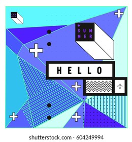 Trendy vector summer cards illustration with line elements and abstract colorful textures. Design for poster, card, invitation, brochure, and promotion template. Fashion art print and background.