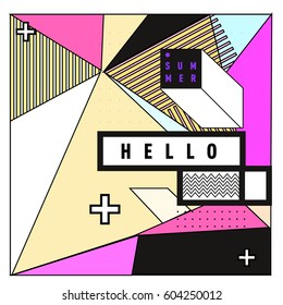 Trendy vector summer cards illustration with line elements and abstract colorful textures. Design for poster, card, invitation, brochure, and promotion template. Fashion art print and background.
