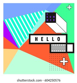 Trendy vector summer cards illustration with line elements and abstract colorful textures. Design for poster, card, invitation, brochure, and promotion template. Fashion art print and background.