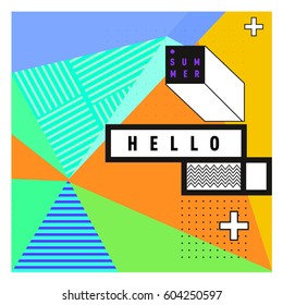 Trendy vector summer cards illustration with line elements and abstract colorful textures. Design for poster, card, invitation, brochure, and promotion template. Fashion art print and background.