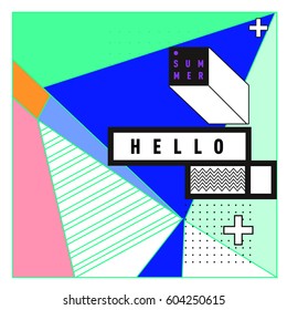 Trendy vector summer cards illustration with line elements and abstract colorful textures. Design for poster, card, invitation, brochure, and promotion template. Fashion art print and background.