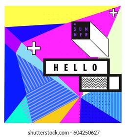 Trendy vector summer cards illustration with line elements and abstract colorful textures. Design for poster, card, invitation, brochure, and promotion template. Fashion art print and background.