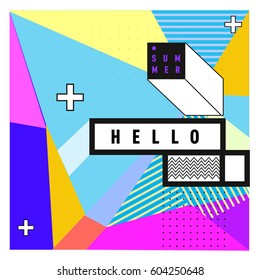 Trendy vector summer cards illustration with line elements and abstract colorful textures. Design for poster, card, invitation, brochure, and promotion template. Fashion art print and background.