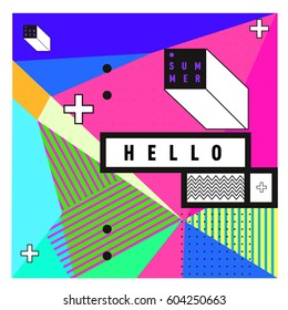 Trendy vector summer cards illustration with line elements and abstract colorful textures. Design for poster, card, invitation, brochure, and promotion template. Fashion art print and background.