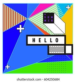 Trendy vector summer cards illustration with line elements and abstract colorful textures. Design for poster, card, invitation, brochure, and promotion template. Fashion art print and background.