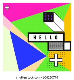 Trendy vector summer cards illustration with line elements and abstract colorful textures. Design for poster, card, invitation, brochure, and promotion template. Fashion art print and background.