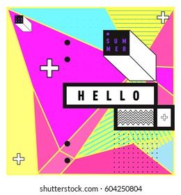Trendy vector summer cards illustration with line elements and abstract colorful textures. Design for poster, card, invitation, brochure, and promotion template. Fashion art print and background.