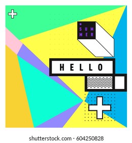 Trendy vector summer cards illustration with line elements and abstract colorful textures. Design for poster, card, invitation, brochure, and promotion template. Fashion art print and background.