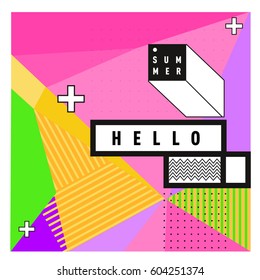 Trendy vector summer cards illustration with line elements and abstract colorful textures. Design for poster, card, invitation, brochure, and promotion template. Fashion art print and background.
