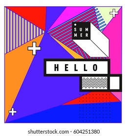 Trendy vector summer cards illustration with line elements and abstract colorful textures. Design for poster, card, invitation, brochure, and promotion template. Fashion art print and background.