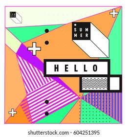 Trendy vector summer cards illustration with line elements and abstract colorful textures. Design for poster, card, invitation, brochure, and promotion template. Fashion art print and background.