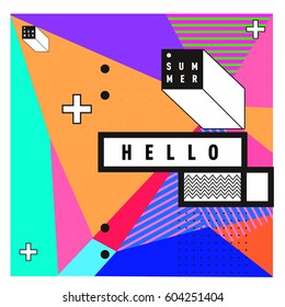 Trendy vector summer cards illustration with line elements and abstract colorful textures. Design for poster, card, invitation, brochure, and promotion template. Fashion art print and background.