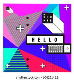 Trendy vector summer cards illustration with line elements and abstract colorful textures. Design for poster, card, invitation, brochure, and promotion template. Fashion art print and background.