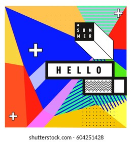 Trendy vector summer cards illustration with line elements and abstract colorful textures. Design for poster, card, invitation, brochure, and promotion template. Fashion art print and background.