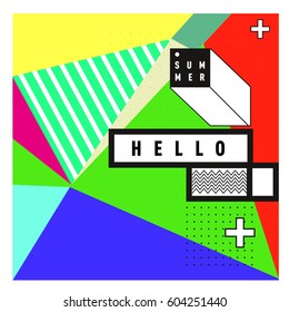 Trendy vector summer cards illustration with line elements and abstract colorful textures. Design for poster, card, invitation, brochure, and promotion template. Fashion art print and background.