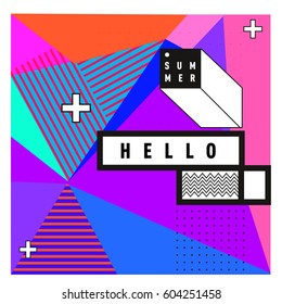Trendy vector summer cards illustration with line elements and abstract colorful textures. Design for poster, card, invitation, brochure, and promotion template. Fashion art print and background.