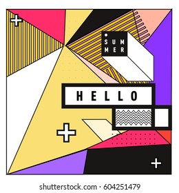 Trendy vector summer cards illustration with line elements and abstract colorful textures. Design for poster, card, invitation, brochure, and promotion template. Fashion art print and background.