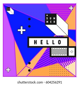 Trendy vector summer cards illustration with line elements and abstract colorful textures. Design for poster, card, invitation, brochure, and promotion template. Fashion art print and background.
