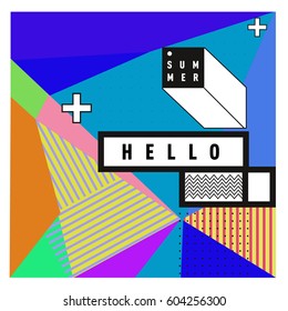 Trendy vector summer cards illustration with line elements and abstract colorful textures. Design for poster, card, invitation, brochure, and promotion template. Fashion art print and background.