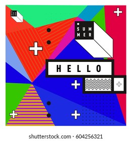 Trendy vector summer cards illustration with line elements and abstract colorful textures. Design for poster, card, invitation, brochure, and promotion template. Fashion art print and background.