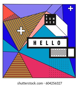 Trendy vector summer cards illustration with line elements and abstract colorful textures. Design for poster, card, invitation, brochure, and promotion template. Fashion art print and background.