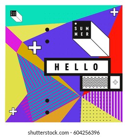 Trendy vector summer cards illustration with line elements and abstract colorful textures. Design for poster, card, invitation, brochure, and promotion template. Fashion art print and background.