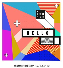 Trendy vector summer cards illustration with line elements and abstract colorful textures. Design for poster, card, invitation, brochure, and promotion template. Fashion art print and background.
