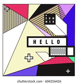 Trendy vector summer cards illustration with line elements and abstract colorful textures. Design for poster, card, invitation, brochure, and promotion template. Fashion art print and background.