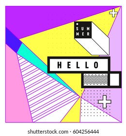 Trendy vector summer cards illustration with line elements and abstract colorful textures. Design for poster, card, invitation, brochure, and promotion template. Fashion art print and background.