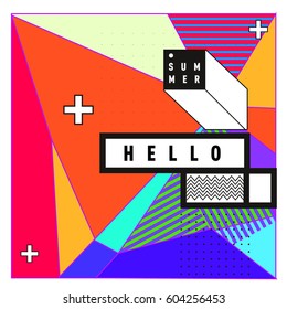 Trendy vector summer cards illustration with line elements and abstract colorful textures. Design for poster, card, invitation, brochure, and promotion template. Fashion art print and background.