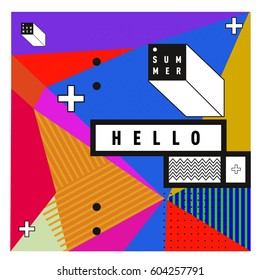 Trendy vector summer cards illustration with line elements and abstract colorful textures. Design for poster, card, invitation, brochure, and promotion template. Fashion art print and background.