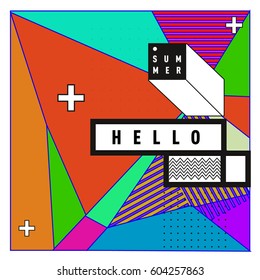 Trendy vector summer cards illustration with line elements and abstract colorful textures. Design for poster, card, invitation, brochure, and promotion template. Fashion art print and background.