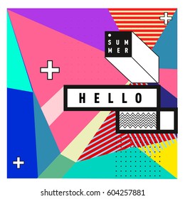 Trendy vector summer cards illustration with line elements and abstract colorful textures. Design for poster, card, invitation, brochure, and promotion template. Fashion art print and background.