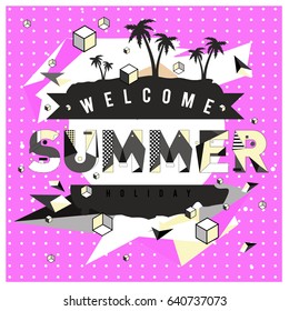 Trendy vector summer cards illustration with elements and abstract colorful textures. Design for holiday vacation poster, card, brochure, and promotion template. Fashion art print and background.