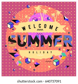 Trendy vector summer cards illustration with elements and abstract colorful textures. Design for holiday vacation poster, card, brochure, and promotion template. Fashion art print and background.