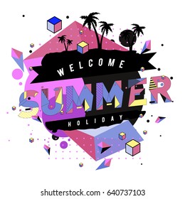 Trendy vector summer cards illustration with elements and abstract colorful textures. Design for holiday vacation poster, card, brochure, and promotion template. Fashion art print and background.