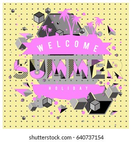 Trendy vector summer cards illustration with elements and abstract colorful textures. Design for holiday vacation poster, card, brochure, and promotion template. Fashion art print and background.