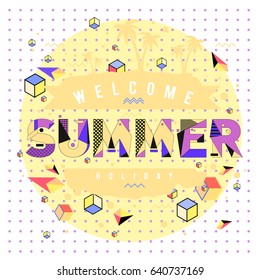 Trendy vector summer cards illustration with elements and abstract colorful textures. Design for holiday vacation poster, card, brochure, and promotion template. Fashion art print and background.