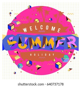 Trendy vector summer cards illustration with elements and abstract colorful textures. Design for holiday vacation poster, card, brochure, and promotion template. Fashion art print and background.