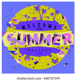 Trendy vector summer cards illustration with elements and abstract colorful textures. Design for holiday vacation poster, card, brochure, and promotion template. Fashion art print and background.