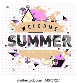 Trendy vector summer cards illustration with elements and abstract colorful textures. Design for holiday vacation poster, card, brochure, and promotion template. Fashion art print and background.